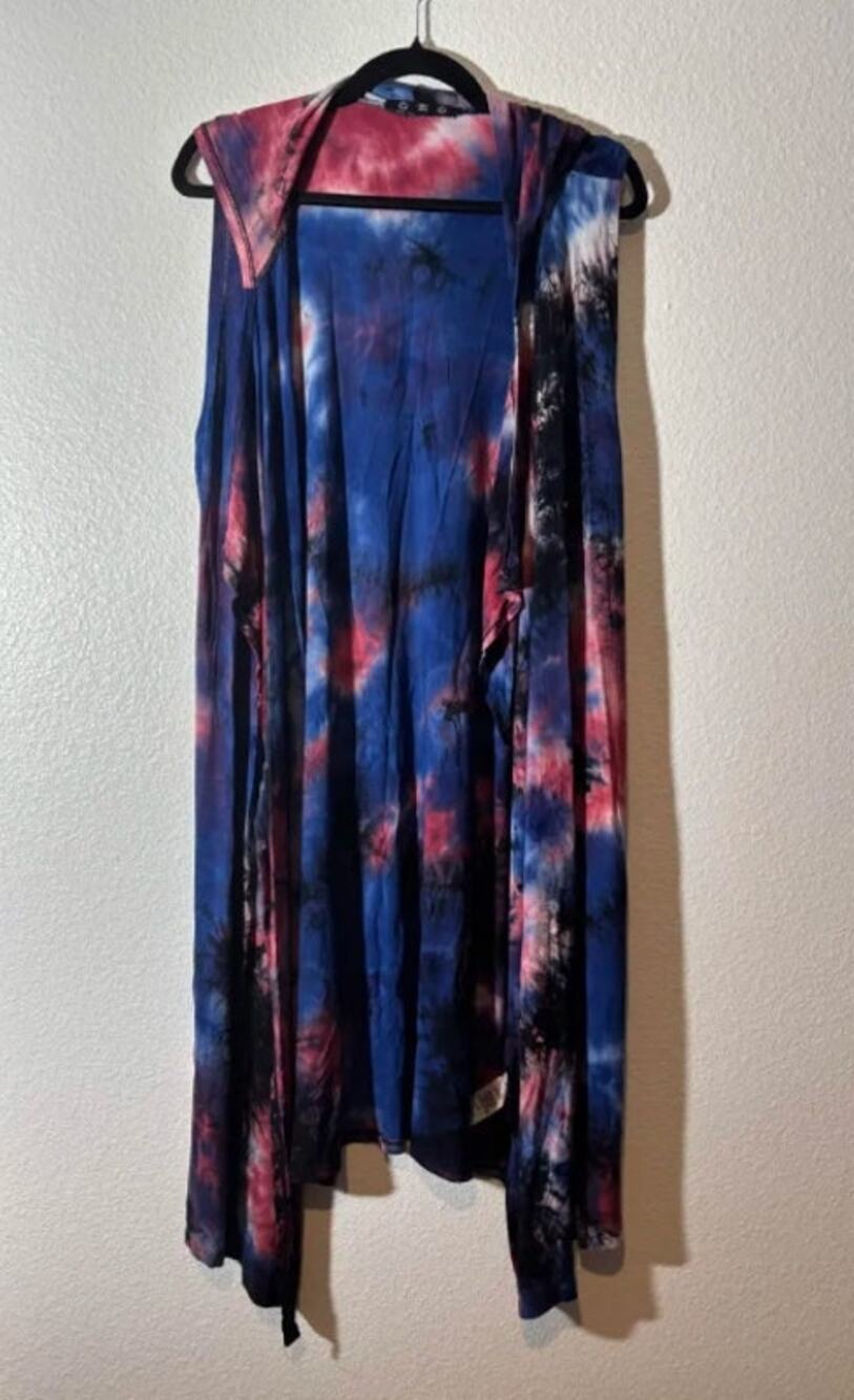 COIN 1804 Women's Size M Hooded Sleeveless Duster Cardigan Vest Tie Dye Red Blue